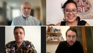 Michel Forst, Berenice Celeita, Javier Garate en Yannick Wild op de webinar over de COP16